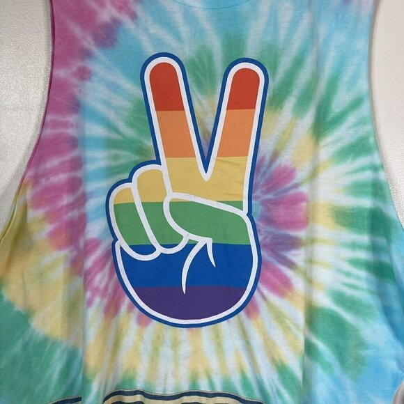 Mad Engine Unisex NWT Pride Tie Dye Peace Fringe Hem Tank TShirt Top Size XL - Picture 1 of 9